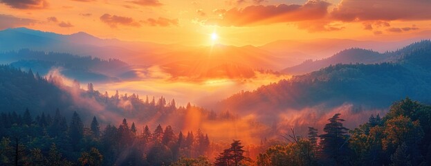 Wilderness Awakening: Warm Hues of Sunrise Over Rugged Peaks and Dense Mist-Covered Forest