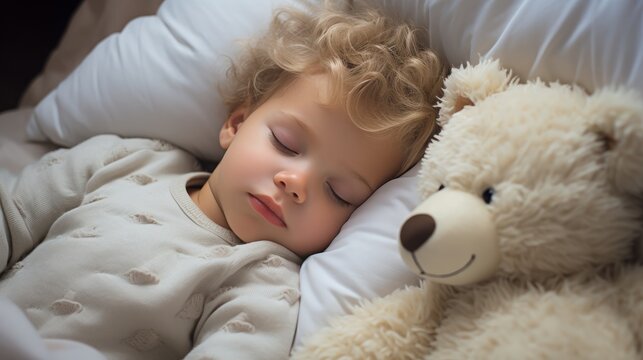Happy baby boy lying in bed with closed eyes. Beautiful infant sleeping in bed wrapped in a white blanket. Cute  toddler boy dreaming in bed with a big teddy bear.