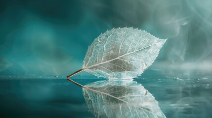 Ethereal Beauty in Tranquility: White Transparent Leaf Illuminated by Turquoise Light