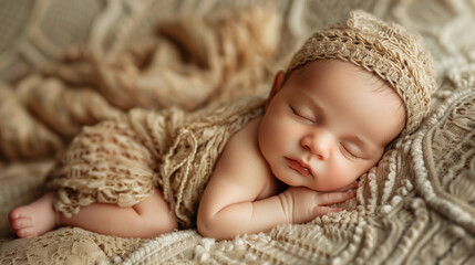 Portrait of an adorable baby taking a nap with pleasant dreams of peaceful innocence. - 745911567