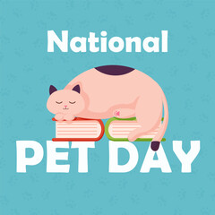 National pet day holiday illustration for social media, card design with cute cat in flat style. Cat sleeps on a stack of books. Vector illustration isolated on a blue background.
