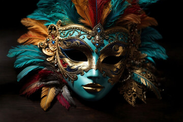Luxury carnival masks decorated with feathers, gold, and jewelry. Close up. 