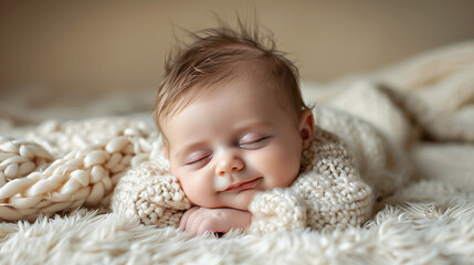 Portrait of an adorable baby taking a nap with pleasant dreams revealing a cute smile of peaceful innocence. - 745911980