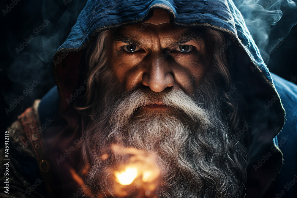 Wall mural digital generative ai collage image of old wise wizard doing spell