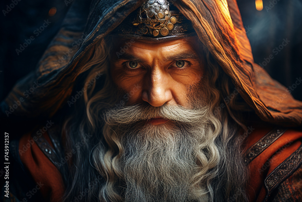 Wall mural digital generative ai collage image of old wise wizard doing spell