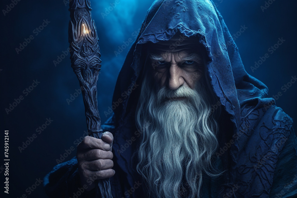 Wall mural digital generative ai collage image of old wise wizard using wand doing spell