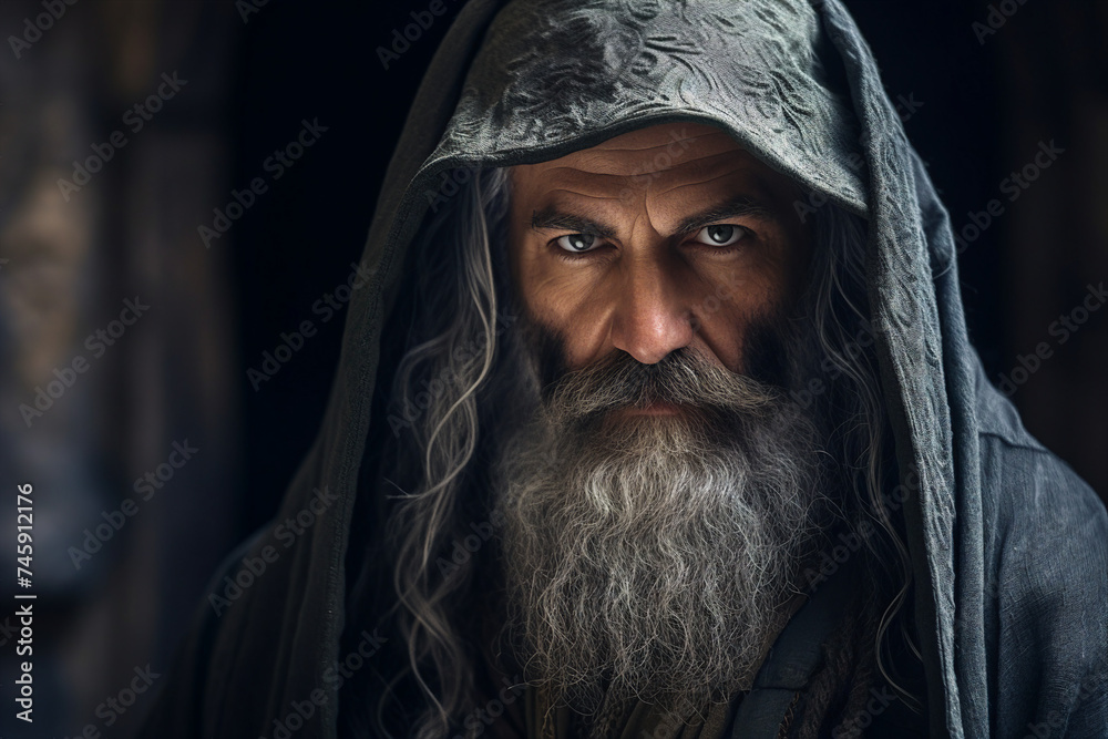 Wall mural digital generative ai collage image of old wise wizard in gothic catsle doing spell