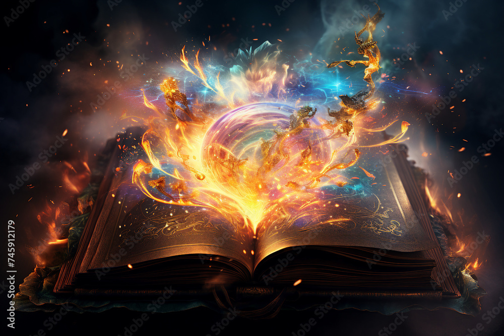 Wall mural generative ai collage of bewitched magic book open page with bright glitter bokeh