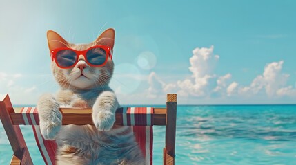 Cat wearing sunglasses relaxing sitting on deckchair in the sea background. vacation and travel concept. digital art, generative ai - obrazy, fototapety, plakaty