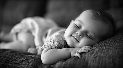 Portrait of an adorable baby taking a nap with pleasant dreams revealing a cute smile of peaceful innocence in black and white. - 745912107