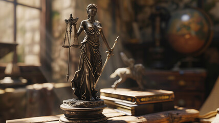a statue of lady of justice on a wooden table - obrazy, fototapety, plakaty