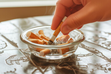 closeup of hand stubbing out cigarette in glass ashtray on table - obrazy, fototapety, plakaty