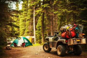atv loaded with camping gear, parked at a forest campsite