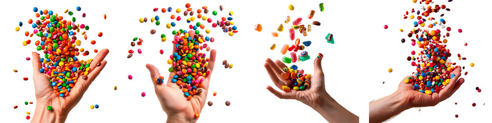 Colorful assortment of candies and sweets caught in mid-air, with a dark background, creating a dynamic and playful image.