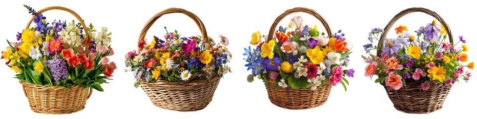Four wicker baskets brimming with a vibrant variety of fresh flowers, including tulips, daffodils, and wildflowers, presented on a transparent background.