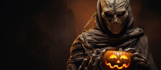 Sinister Mummy Holding Spooky Pumpkin in Dimly Lit Studio - Halloween Horror Concept