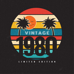 1980 vintage retro t-shirt design, Sunset logo badges on black background graphics for t-shirts, and other print production. 70s-style concept. Vector illustration. - obrazy, fototapety, plakaty