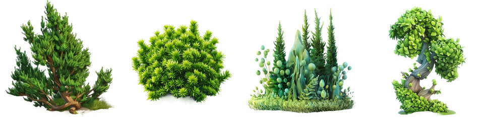 A series of four distinct green plants, ranging from conifers to succulents, each isolated on a transparent background for versatile use. - obrazy, fototapety, plakaty