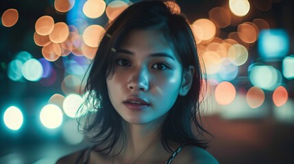 Enchanting Young Woman with a Mesmerizing Gaze Illuminated by the Radiant Bokeh of City Night Lights