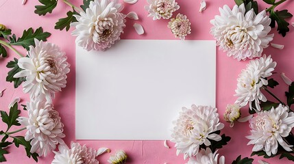 Beautiful chrysanthemums and blank card on pink background, flat lay. Space for text. Generative Ai