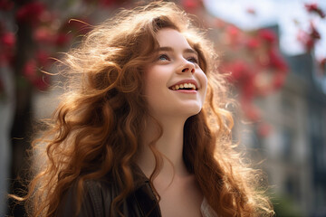 Fototapeta premium Creative Generative AI technology picture of happy people surrounded by spring blossom enjoying great day