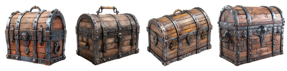 Set of realistic antique wooden treasure chests with metal accents on a transparent background. - obrazy, fototapety, plakaty