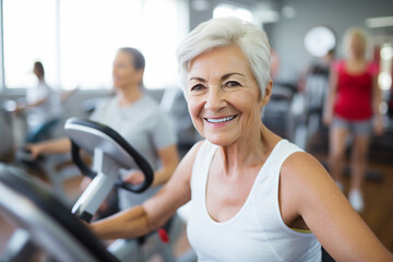 Fototapeta premium Elderly people pensioners working out in modern interior big spacious gym Generative AI illustration