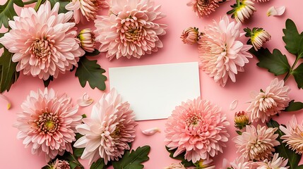 Beautiful chrysanthemums and blank card on pink background, flat lay. Space for text. Generative Ai