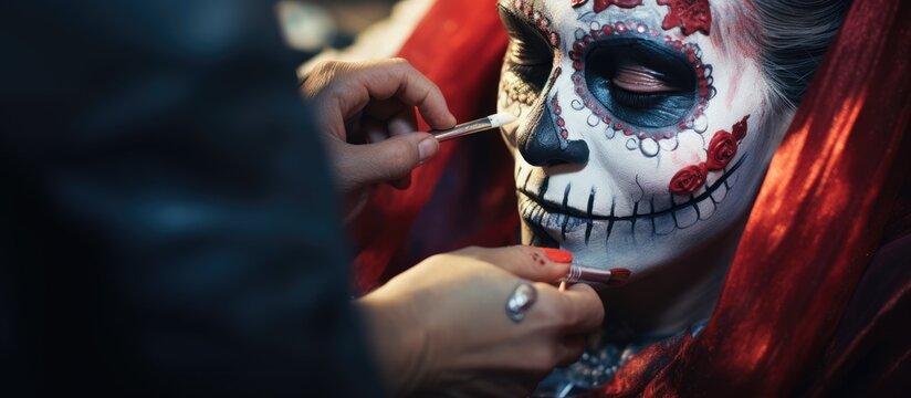 Creative Makeup Artist Crafting Intricate Mexican Santa Muerte Skull Design