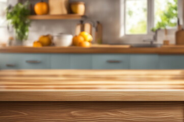 Fototapeta na wymiar Wooden Countertop with Blurred Kitchen Window