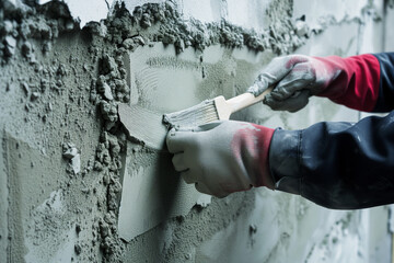 construction worker brushing off excess mortar from wall joints