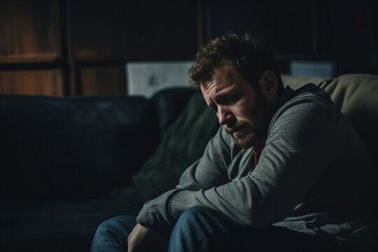Depressed unemployed man losing his job sitting alone in dark light environment generative AI