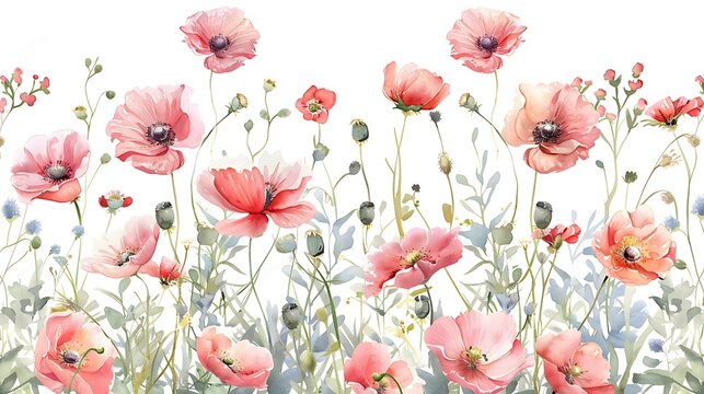 Beautiful floral set with watercolor hand drawn summer wild field flowers. Stock illustration. Clip art. Generative Ai