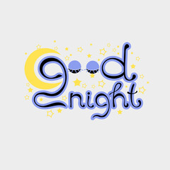 good night lettering with sleepy eyes and eyelashes elements and yellow stars and moon