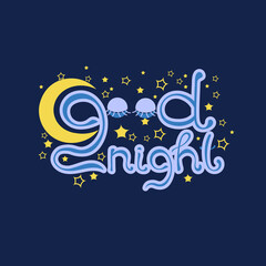 good night lettering with sleepy eyes elements eyelashes and yellow stars