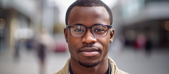 Obraz premium Confident African American Male in Glasses and Jacket Exuding Authority on Urban Street