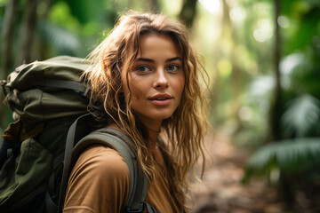 Naklejka premium Generated with AI portrait of lovely woman exploring rainforest