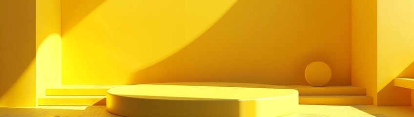 A 3D render featuring an abstract yellow composition with a podium. 
