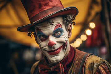 Horror circus actor performer clown fun time children fair Generative AI funny and freaky face...