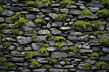 Background of stone wall texture with moss and ferns.