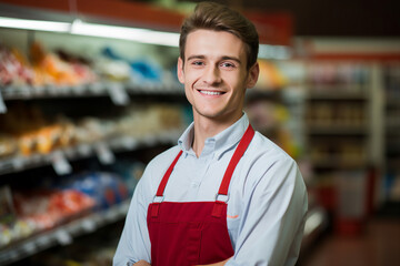 Smiling person working in supermarket grocery store department Generative Ai picture