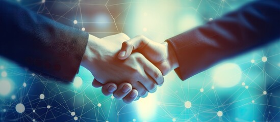 Corporate Partnership: Business People Shaking Hands in Front of Virtual Network Background