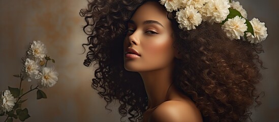 Serene Woman Adorned with Blossoms in Curly Hair Gazing into Distance