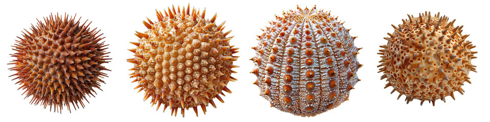 Assorted sea urchin shells with intricate textures, isolated on a transparent background. - obrazy, fototapety, plakaty