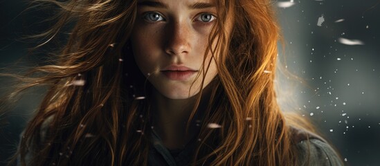 Enigmatic Beauty: Red-Haired Woman with Piercing Blue Eyes and Expressive Freckles