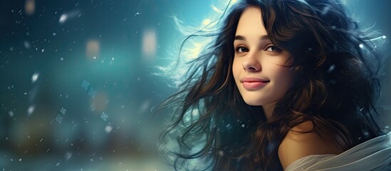 Naklejka premium Merry Christmas Celebration with a Woman in White Dress and Long Hair