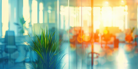 A potted plant placed in front of a glass wall in a blurred office room background. - obrazy, fototapety, plakaty