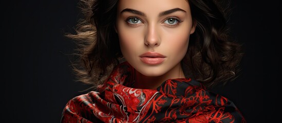 Stylish Woman Enhancing Her Fashion Look with a Vibrant Red Scarf on a Glamorous Black Background
