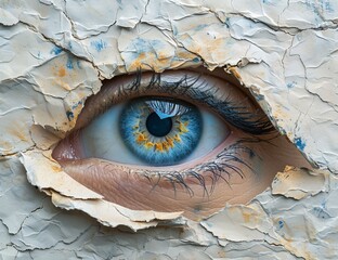 A close-up of a striking human eye mural peeling off a weathered wall, symbolizing insight and perception