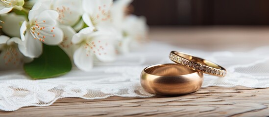Fototapeta na wymiar Elegant Wedding Rings Adorned with Flowers on Vintage Wooden Background